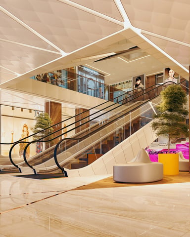Upscale shopping mall interior with escalators and retail stores