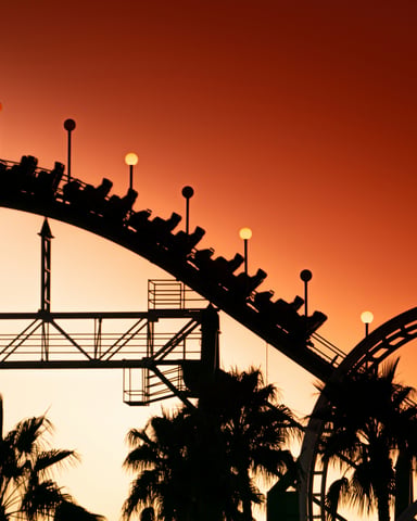Roller coaster silhouette at sunset with palm trees
